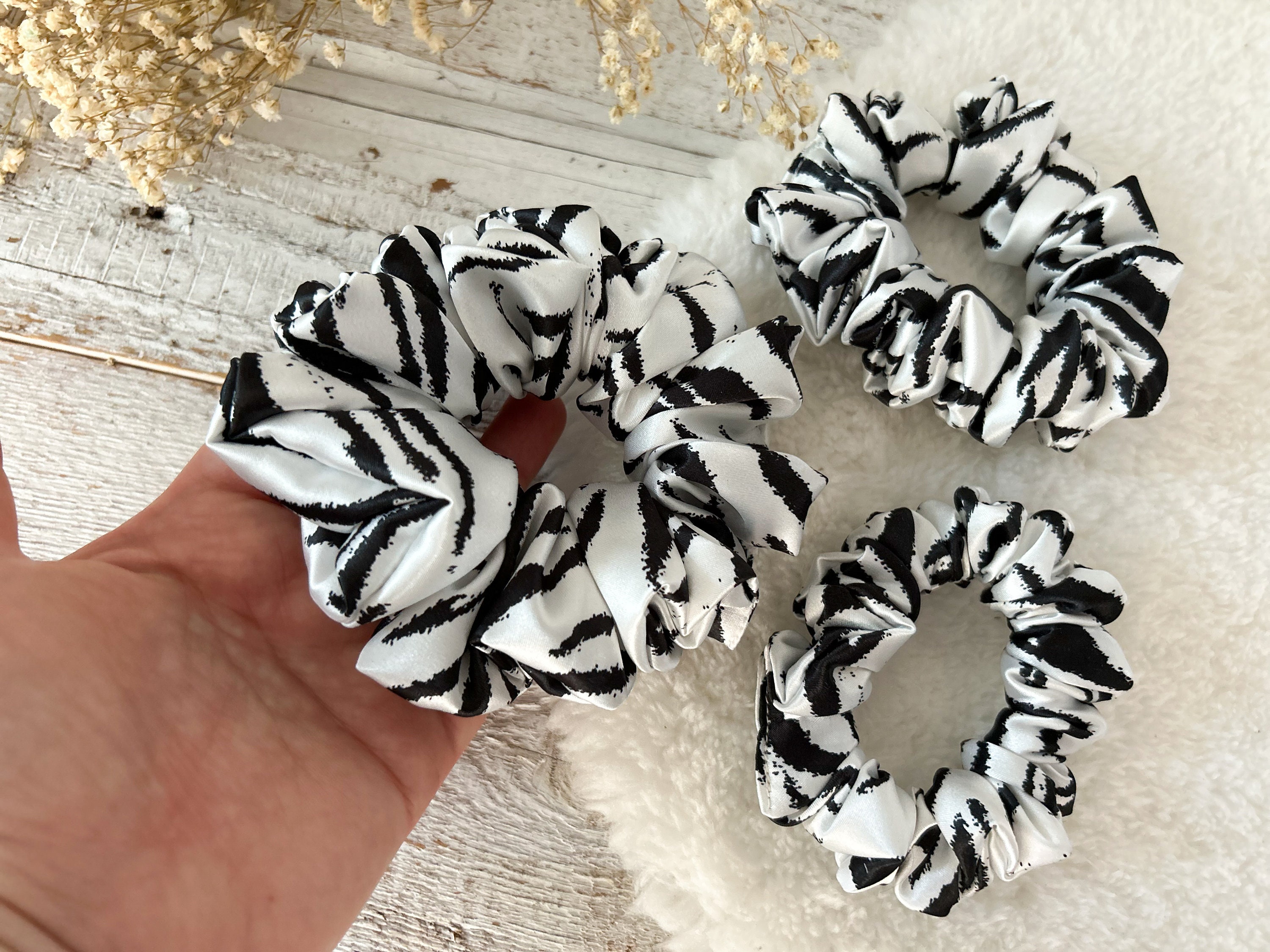 Silky Satin Scrunchie Set: Handmade Hair Tie, Pink, White, Black