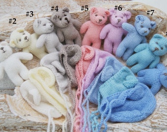 Knit Newborn Bonnet Teddy Bear Toy Newborn Photography Set Knitted Teddy Bear Photo Prop Newborn Knit Bonnet Photo Props