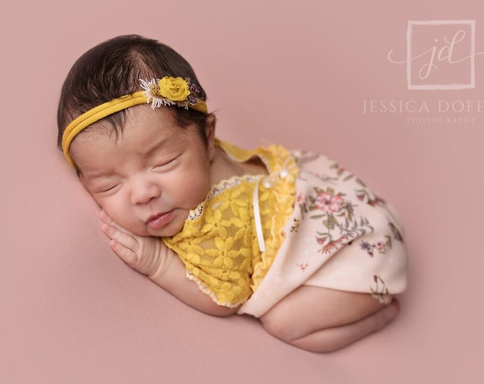 Newborn lace romper photo prop yellow floral baby girl outfit