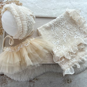 Boho Newborn Outfit Girl Newborn Photo Outfit Infant Photo Props Newborn Layer Lace Newborn Bonnet Girl Tutu Skirt Newborn Tutu Outfit Cream