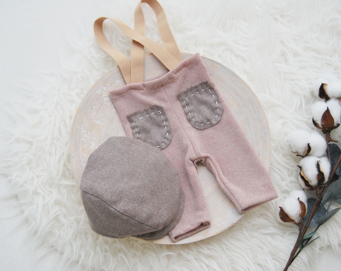 Photo prop SET for newborn boys: suspender pants and flat cap newborn photography prop