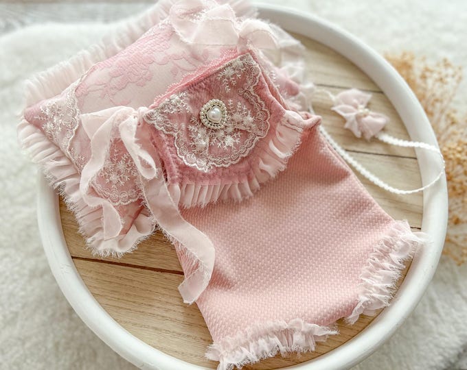 Newborn Photography Prop SET Pink Newborn Romper and Bow Headband Newborn Posing Pillow Newborn Photo Outfit Baby Girl Outfit for Photoshoot