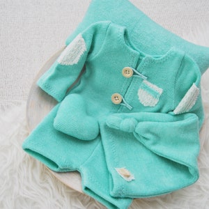 Newborn boy set: romper pants hat posing pillow; knit baby boy outfit photography prop - mint green