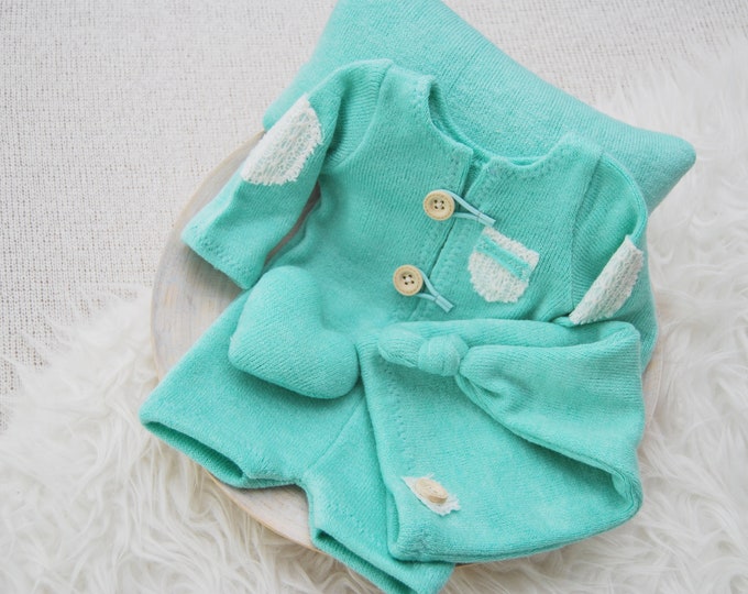 Newborn boy set: romper pants hat posing pillow; knit baby boy outfit photography prop - mint green