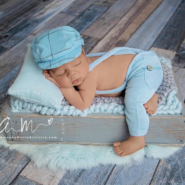 Blue Newborn Outfit Newborn Photo Prop Outfit Baby Boy Photography Set Newborn Romper Newborn Pants Newsboy Hat Newborn Photography Prop