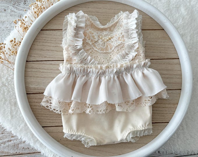 Newborn Outfit Girl Romper Newborn Romper Boho Newborn Dress Photography Prop Outfit Newborn Photo Props Lace Ruffled Romper Baby Girl Cream