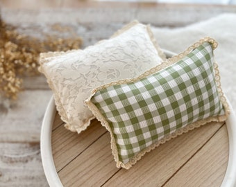 Newborn Photography Prop: Pillow & Case, Checkered Green or Floral Ivory