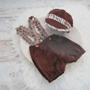 Baby boy outfit and hat newborn photo prop suspender pants & cap - brown velvet