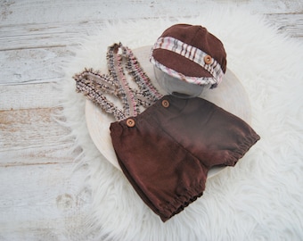 Baby boy outfit and hat newborn photo prop suspender pants & cap - brown velvet