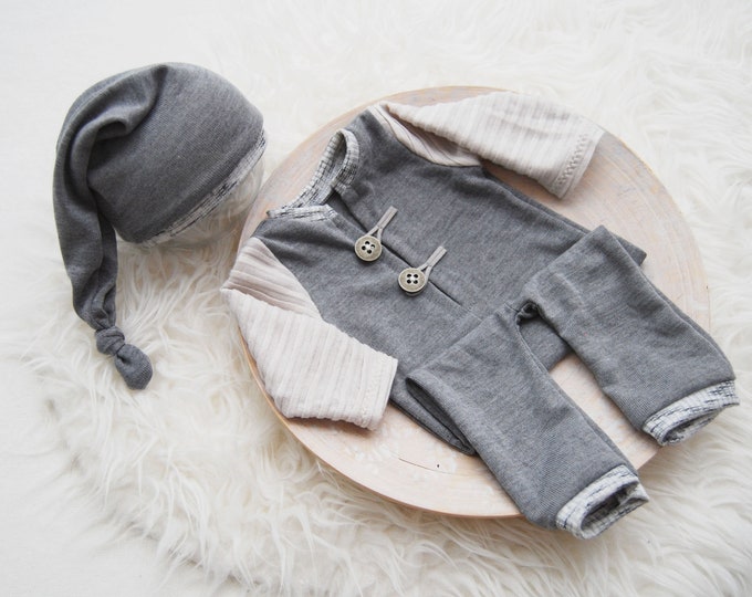 Gray photo prop newborn romper and sleepy hat photography outfit for baby boys