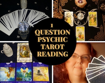 May include: A collage of images featuring tarot cards, crystals, and a woman with red hair and glasses. The text "1 QUESTION PSYCHIC TAROT READING" is in the center of the image.