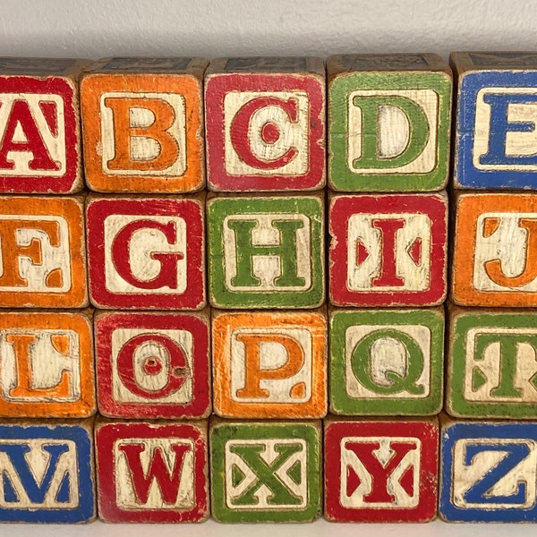 25 Antique Wooden Children's Blocks Alphabet Numbers Animals Words Blue Red Orange Green 1900's Farmhouse Toys