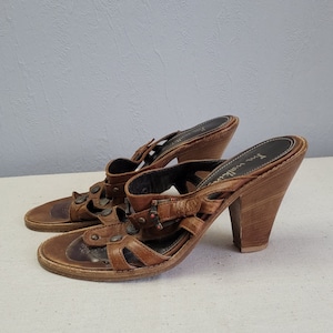 Vintage Leather brown embellished Women Mules / Clog Shoes / 39 EU Size European / cone heels / made in Italy