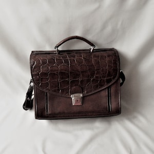 Vintage brown croc moc leather messenger bag briefcase Handbag portfolio
