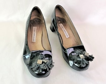 Vintage Pedro Miralles zwarte patentloafers, platte schoenen met vierkante neus uit de jaren 90