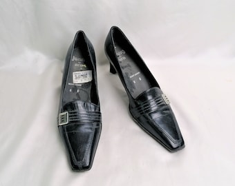 Vintage Black Leather Slip On Shoes Women EU 39 US 8 UK 6, Jenny by Ara Loafers, Square Toe Buckle Shoes, 90s Minimalist Leather Flats