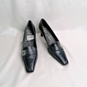 Vintage Black Leather Slip On Shoes Women EU 39 US 8 UK 6, Jenny by Ara Loafers, Square Toe Buckle Shoes, 90s Minimalist Leather Flats