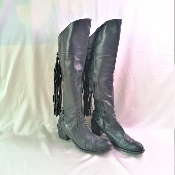 Vintage Women black leather high knee boots with fringes almond toe chunky heel fringed saddle 41 size EU