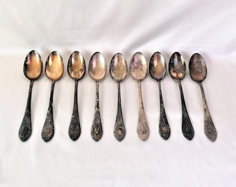 Antique Nickel German SILVER spoons Soup Spoons set of 9 full set Soup spoons metal tableware patina silver plated Cutlery Mid century