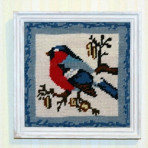 60s vintage handmade embroidery, Embroidered wall hanging, Wall tapestry with a bird from Sweden