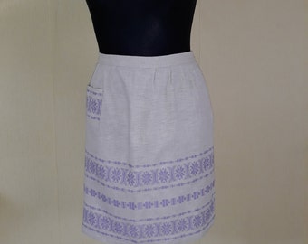 Swedish handmade LINEN half APRON natural lilac embroidery ornaments Vintage kitchen linen frontal pocket ethnic