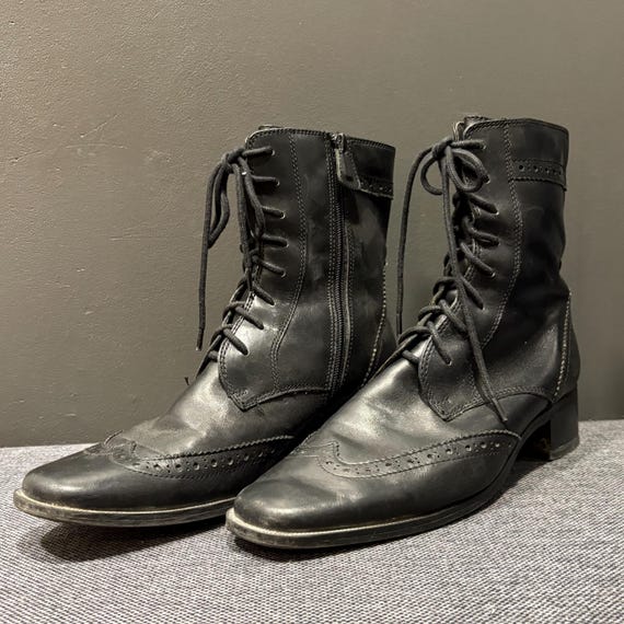Jana Soft Black Leather Lace Up Ankle Boots, Early 2000s Comfort Style (EU 40)