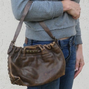 Vintage dark brown Leather womens bag with rivets Shoulder rustic boho purse