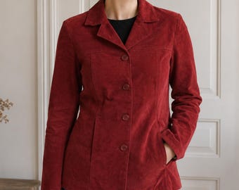Blazer vintage in pelle scamosciata rossa da donna, taglia 10, giacca in pelle MILAN, cappotto in pelle scamosciata con bottoni, giacca classica aderente
