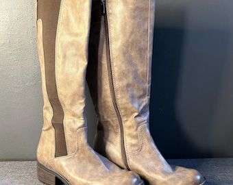 Vintage Beige Leather Knee High Boots Women Marco Tozzi Riding Boots Tall Boots Neutral Boho Boots Minimalist Fall Fashion EU 39,