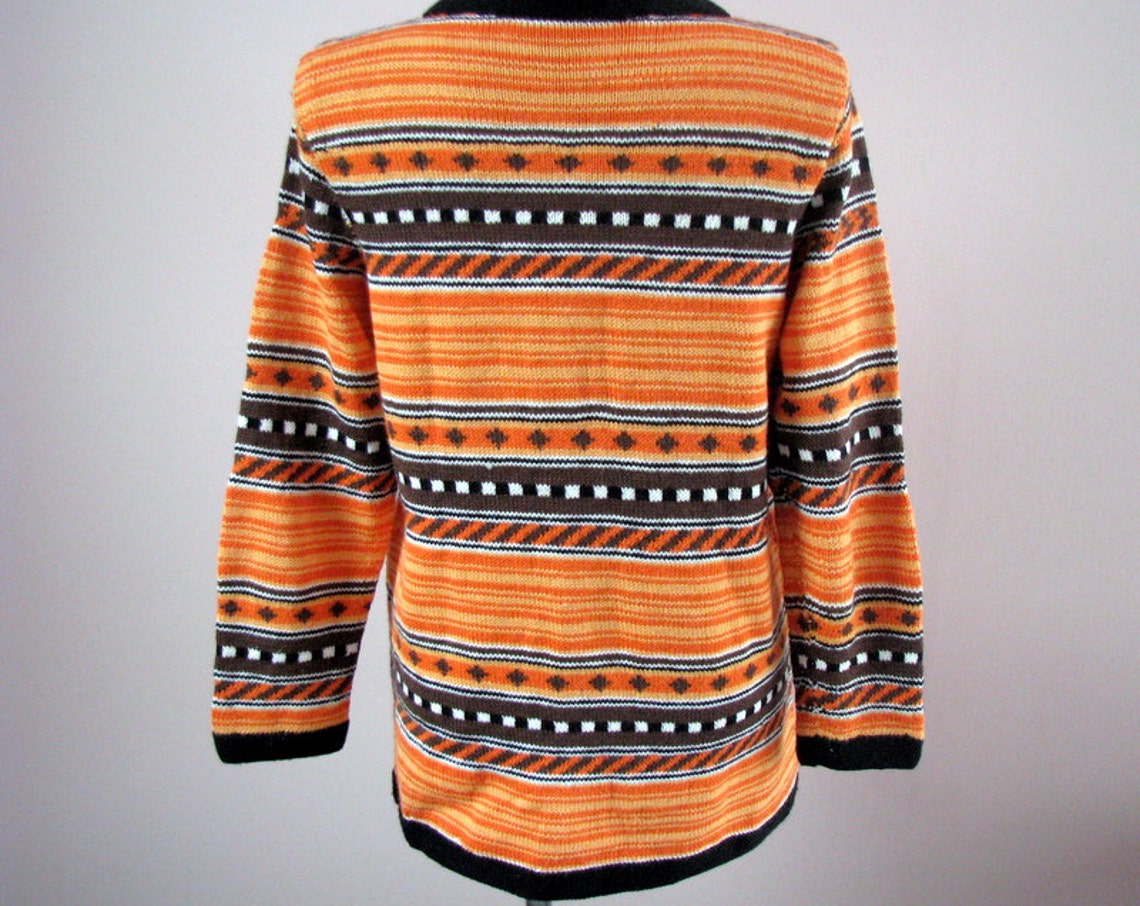 Vintage Hand Knit Wool Cotton Sweater Orange Brown Striped Cardigan Boho 70s 80s Retro Jumper, foto 4 di 5