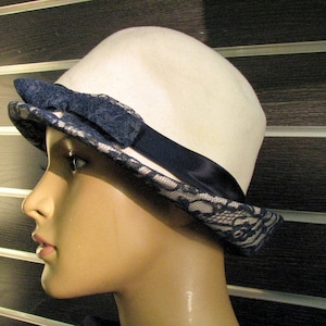 Felt Fedora Hat Ivory white with blue velour, Scandinavian vintage handmade hat, Autumn accessory