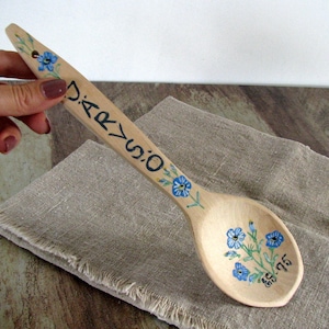 Hand carved spoon wooden spoon Handmade wall hanging spoon Floral painted signed wood spoon farmhouse kitchen collectible
