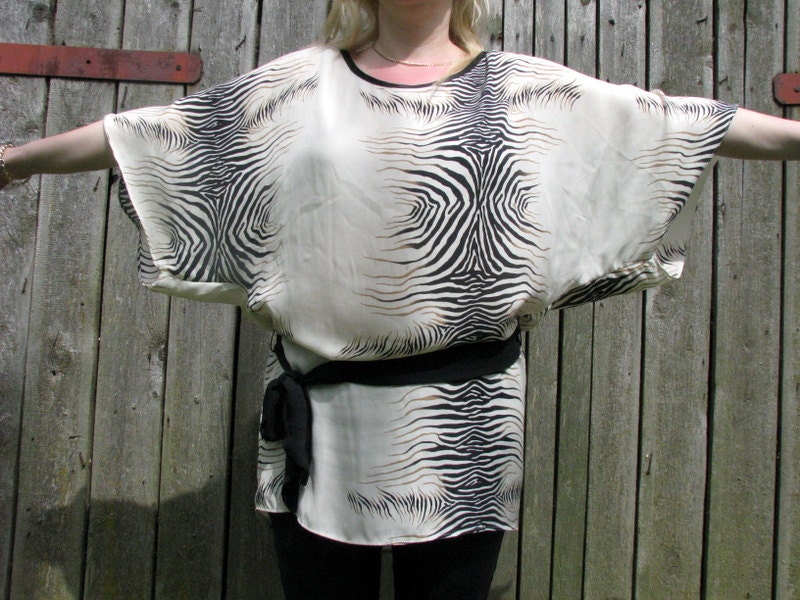 1980s Silk Tunic Dress Zebra Abstract Print Black Beige