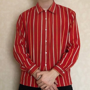 Vintage striped shirt cotton Men / unisex Shirt / red shirt with white yellow lines / Long sleeves