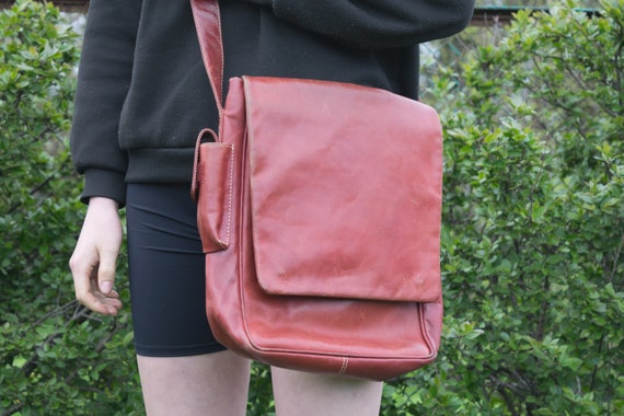 Vintage Brick Red Leather Large Messenger Bag Crossbody 