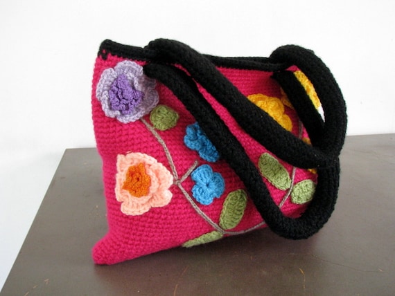 Vintage Woolen Crochet floral Tote color block Ha… - image 2