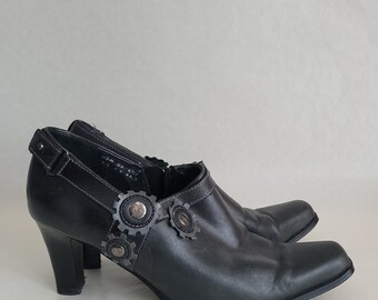 Black leather women shoes rustic heels square toe booties Size EU 40 european