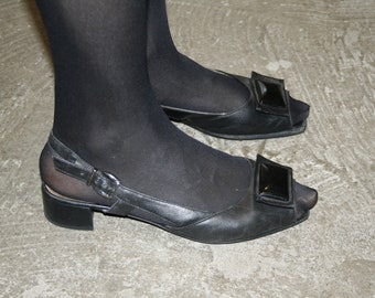 Vintage Gabor Black Leather Slingback Sandals: Open Toe Shoes, UK 6 1/2