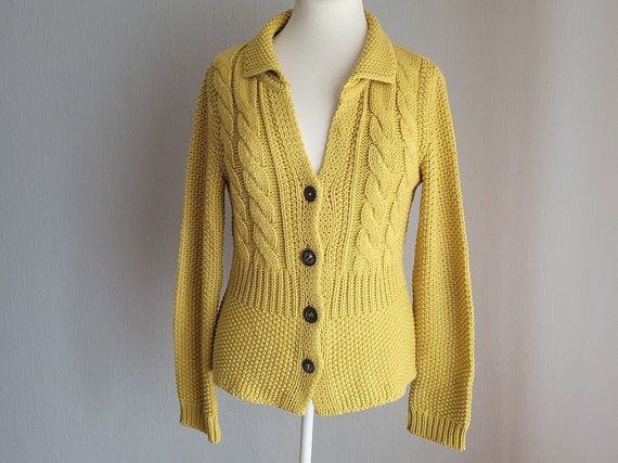 Biba, Vintage BIBA Knitted Cardigan: Chartreuse Green Cotton Blend Jacket, Size S