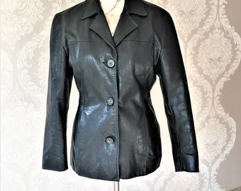 Vintage women Leather Jacket by HIDESIGN Black Jacket 1990s Thick classic blazer Size Medium