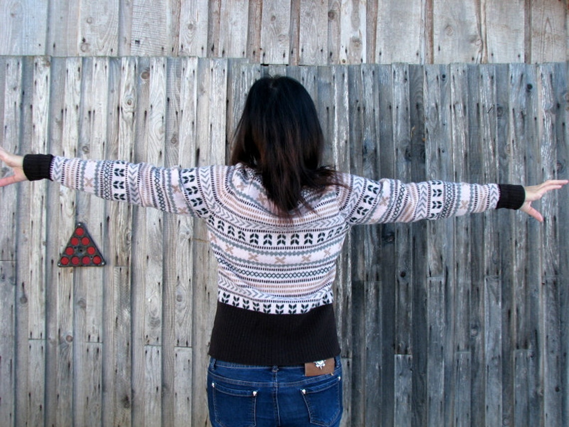 Vintage Nordic Wool Cardigan, Fair Isle Pattern, Lambswool Knit Jumper Size L, foto 4 di 5