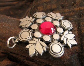 Vintage silver plated swedish Scandinavian ethnic design pendant with ruby color gemstone crystal marked by Swedish designer jewelry gift