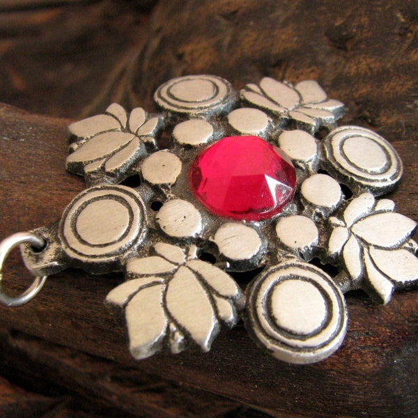 Vintage silver plated swedish Scandinavian ethnic design pendant with ruby color gemstone crystal marked by Swedish designer jewelry gift