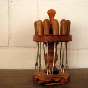 Vintage handmade cocktail forks 12 pieces set & stand Wood tin canapé cocktail party daggers Sweden dining Olive picks