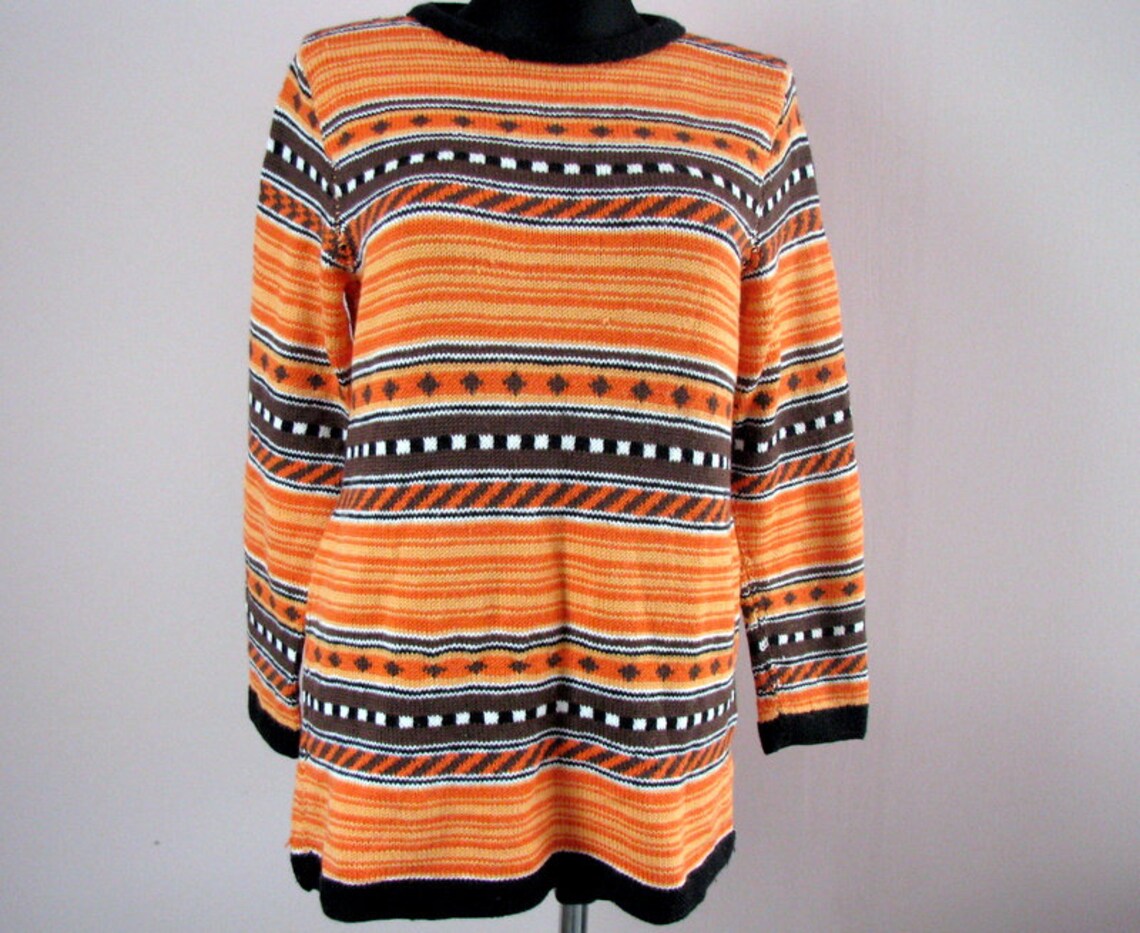 Vintage Hand Knit Wool Cotton Sweater Orange Brown Striped Cardigan Boho 70s 80s Retro Jumper, foto 2 di 5