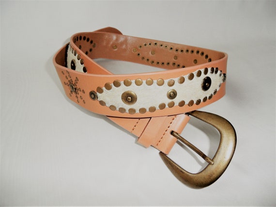 Vintage Brown Leather Belt: Boho Brass Buckle, Size 85 - Etsy display picture 1