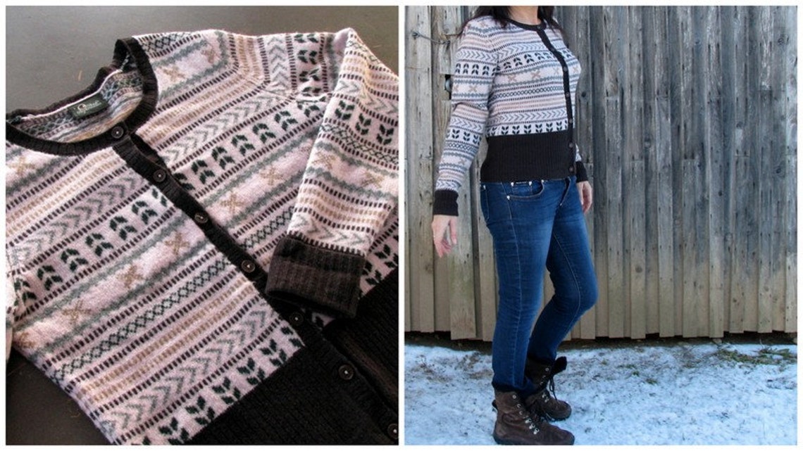 Vintage Nordic Wool Cardigan, Fair Isle Pattern, Lambswool Knit Jumper Size L, foto 2 di 5