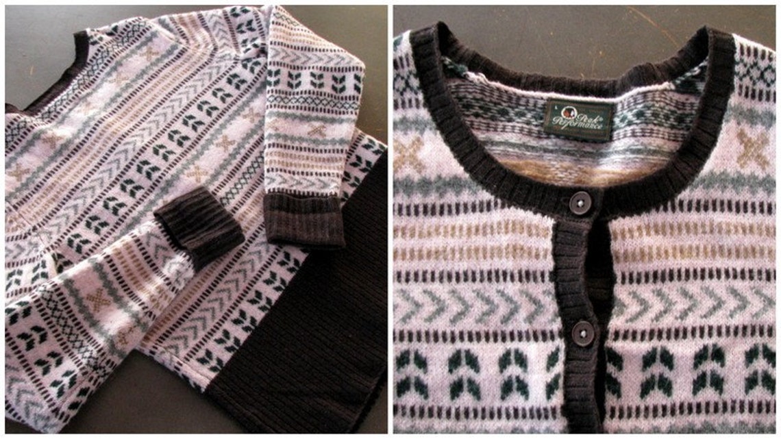 Vintage Nordic Wool Cardigan, Fair Isle Pattern, Lambswool Knit Jumper Size L, foto 3 di 5