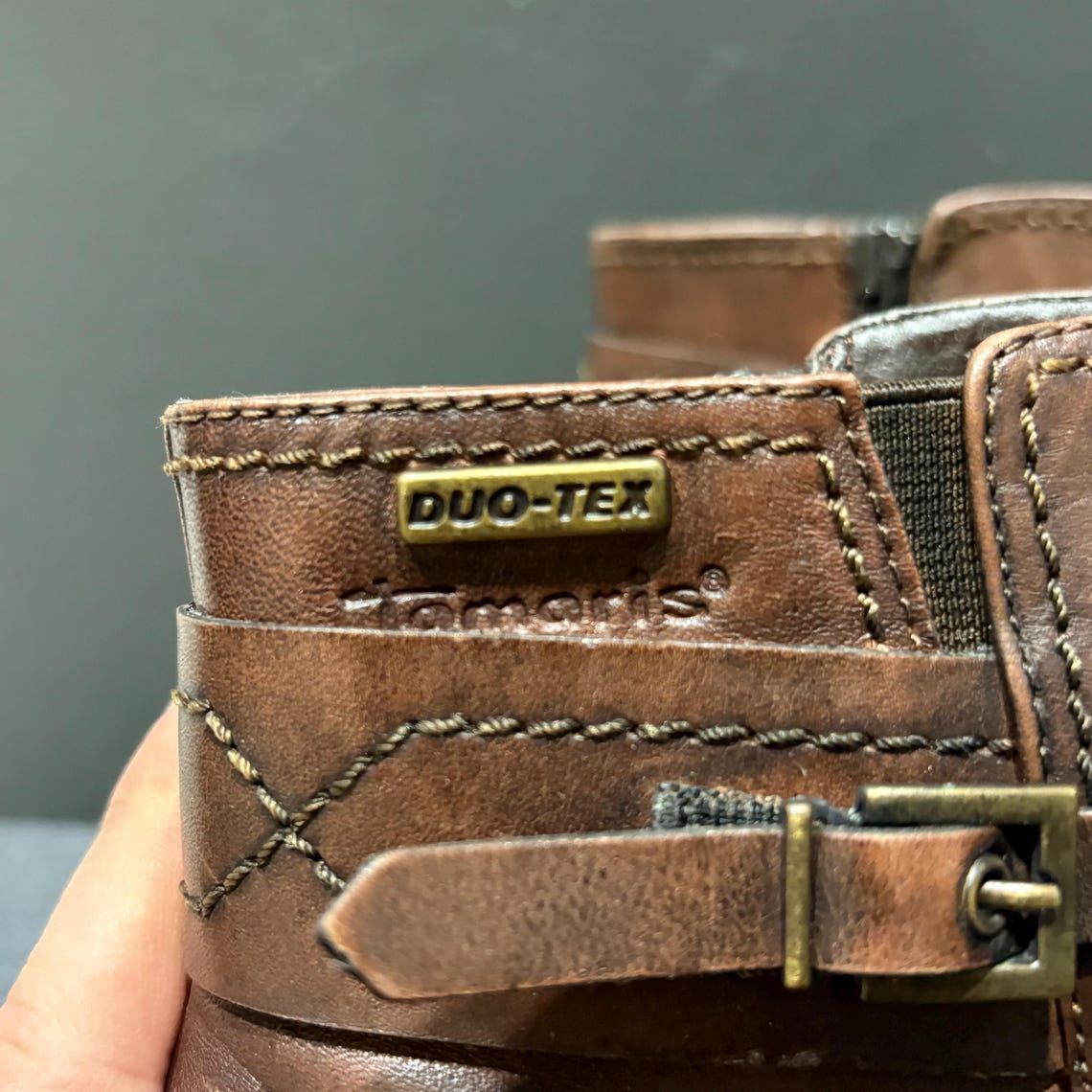 Vintage Tamaris Brown Leather Ankle Boots, Block Heel Buckle, Duo-Tex Weather Resistant (EU 40), foto 3 di 5