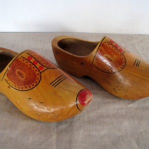 Vintage large Swedish Hand carved wooden clog shoes hand painted shoe pair Scandinavian interior decor